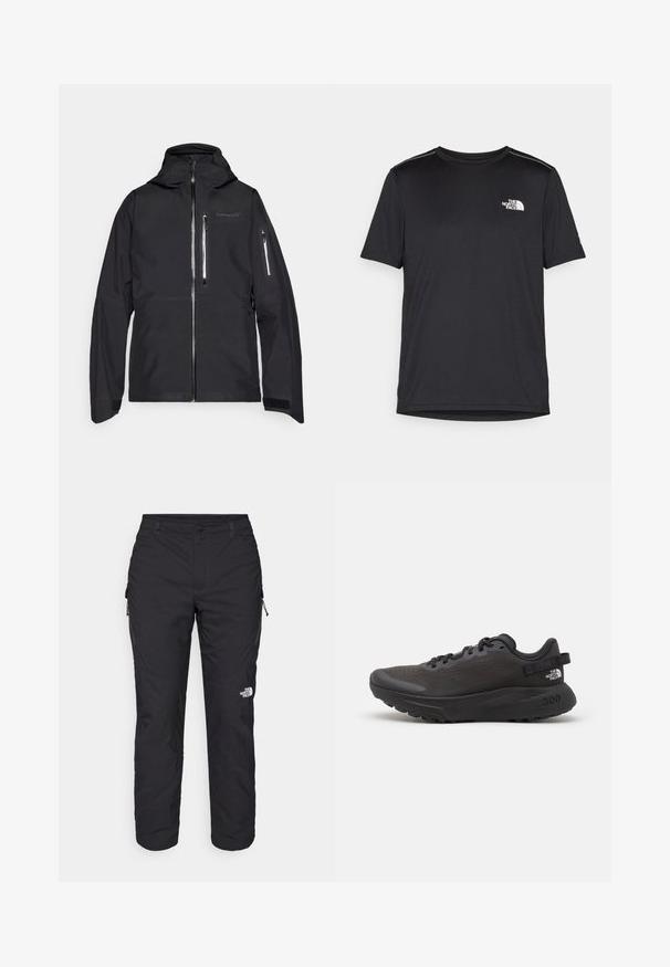 Norrøna LOFOTEN GORE-TEX JACKET - Slēpošanas jaka - caviar; Melnas īsām piedurknēm T-kreklas, izgatavots no viegla auduma. Uz kreisā krūtīm ir neliels balts logo un smalki plecu akcenti.; The North Face WINTER EXPLORATION TAPERED CARGO - Āra bikses - black; Melna sporta apava ar sietiņu augšdaļu, mīkstu apkakli un gumijas zoli. Ar teksturētu dizainu un zīmolu uz papēža. Viegls konstrukcijas risinājums.