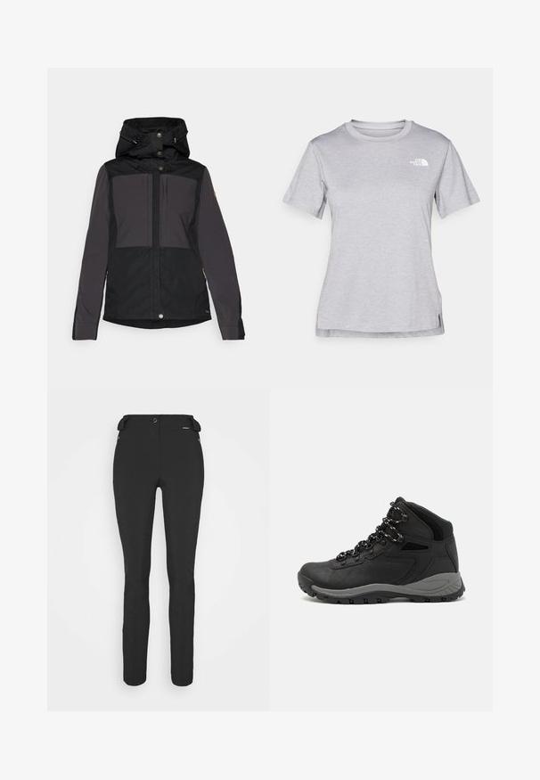 Czarna i szara wodoodporna kurtka z kapturem, z zapięciem na guziki, bocznymi kieszeniami i panelem designu. Wytrzymały materiał o gładkiej fakturze.; Szara, krótkozasięgowa koszulka wykonana z miękkiego, odprowadzającego wilgoć materiału. Posiada okrągły dekolt oraz małe białe logo w górnym lewym rogu.; Czarne, dopasowane spodnie wykonane z elastycznego materiału. Cechy to kieszeń boczna na zamek, strefowe kolana oraz gładka faktura.; Czarne buty trekkingowe z średnim cholewem, z teksturowaną cholewą, szarymi akcentami oraz trwałą gumową podeszwą z wypustkami zapewniającymi przyczepność.