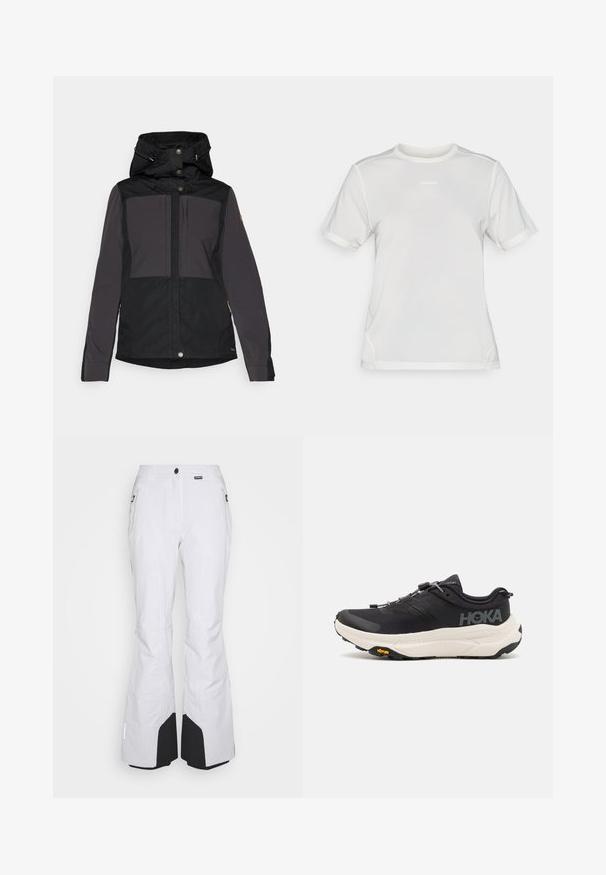 Veste imperméable noire et grise avec capuche, présentant des fermetures à boutons, des poches latérales et un design en panneaux. Tissu durable avec une texture lisse.; T-shirt de sport à manches courtes en mesh blanc, avec col rond et petit logo "Salomon" centré sur la poitrine.; Pantalon de ski blancs avec une coupe droite, fabriqué à partir d'un matériau durable, avec des poches zippées et des accents noirs au bas des jambes.; Baskets de sport noires avec une tige en mesh respirant, une semelle en caoutchouc, un intermédiaire de coussin en blanc et des lacets réfléchissants. Logo Vibram sur la semelle.