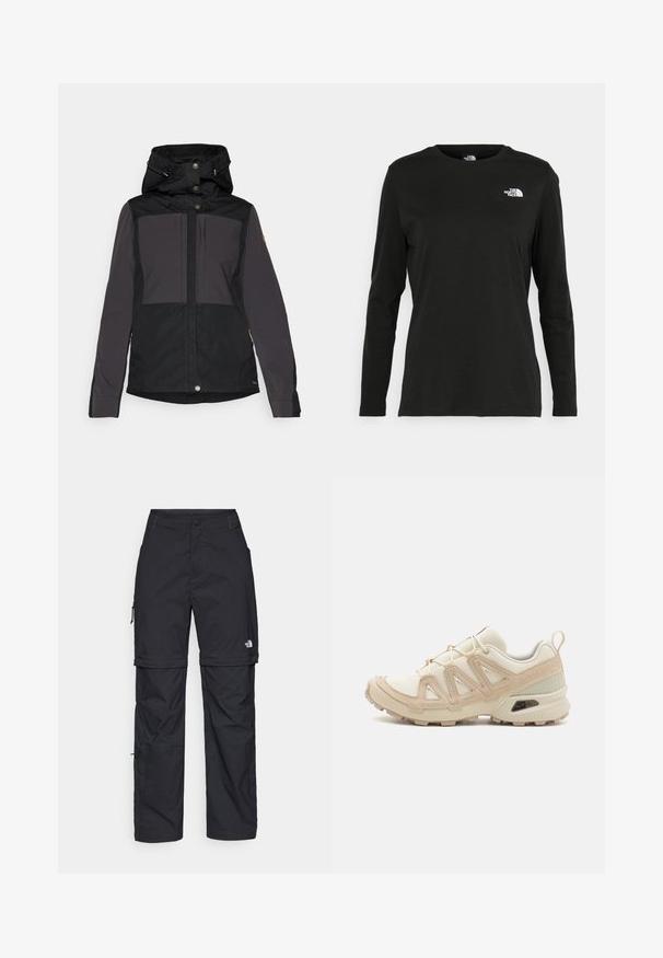 Chaqueta impermeable negra y gris con capucha, que presenta cierres de botón, bolsillos laterales y un diseño de panel. Tejido duradero con una textura suave.; Camiseta de manga larga negra de algodón con cuello redondo. Presenta un pequeño logotipo blanco en la parte izquierda del pecho. Diseño y ajuste simples.; Pantalones cargo de nailon negro con cremallera desmontable, puños ajustables, múltiples bolsillos y un logotipo en la pierna derecha. Textura suave y ligera.; Zapatilla deportiva beige y crema con parte superior de malla texturizada, superposiciones de soporte y suela de goma con un patrón de tracción.