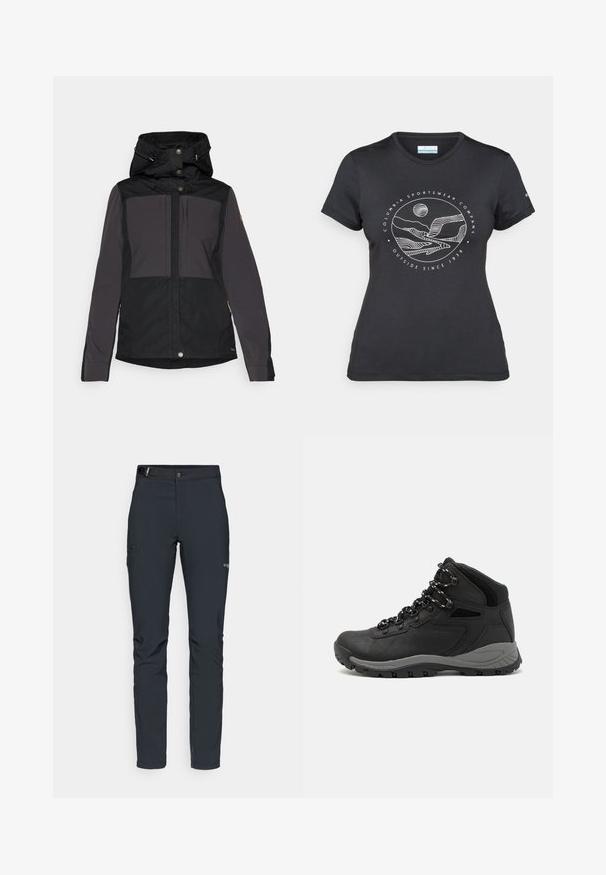 Melns un pelēks ūdensnecaurlaidīgs mētelis ar kapuci, ar pogu aizdari, sānu kabatām un paneļu dizainu. Izgatavots no izturīga auduma ar gludu tekstūru.; Melnā Columbia T-kreklā ar baltu apļa kalnu un upes kontūru mākslu, kā arī tekstu "Columbia Sportswear Company Outside Since 1938."; Vīriešu āra bikses, tumši pelēkā krāsā, izgatavotas no elastīga materiāla, ar jostu, kabatām ar rāvējslēdzēju un pastiprinātām šuvēm.; Melni pārgājienu zābaki ar vidēju augstumu, ar teksturētu augšdaļu, pelēkiem akcentiem un izturīgu gumijas zoli ar saķeres izvirzījumiem.