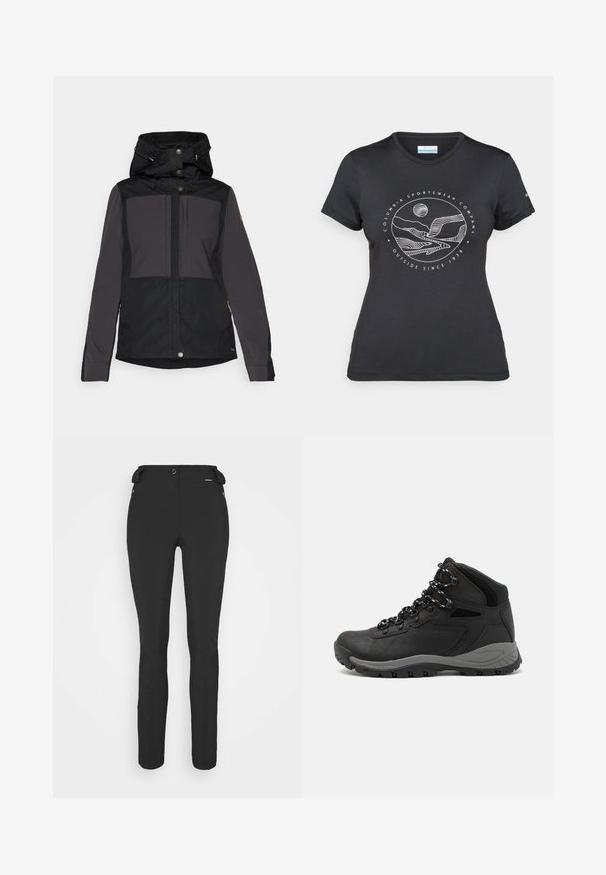 Black and gray waterproof jacket with a hood, featuring button closures, side pockets, and panel design. Durable fabric with a smooth texture.; Black Columbia t-shirt with white circular mountain and river line art and text "Columbia Sportswear Company Outside Since 1938."; Black, fitted pants made from a flexible material. Features include a zippered side pocket, articulated knees, and a smooth texture.; Black hiking boot with a mid-top design, featuring a textured upper, gray accents, and durable rubber sole with traction lugs.