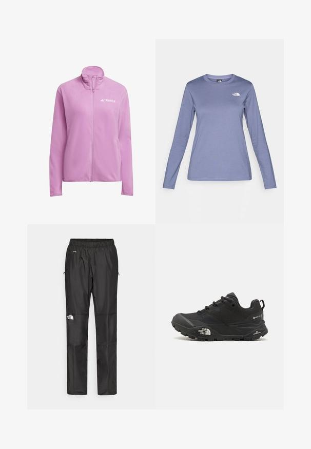 Roza flis jakna s visokim ovratnikom i zatvaranjem na patentni zatvarač. Sadrži logo na prsima i bočne džepove. Mekani materijal i ležeran kroj.; Dugih rukava košulja od svijetlopurple tkanine, s okruglim izrezom i bijelim The North Face logom na lijevoj strani prsnog koša. Glatka tekstura, ležerni kroj.; Crne vodootporne hlače napravljene od lagane tkanine, s elastičnim pojasom, bočnim džepovima i logotipom na lijevoj nozi.; Crne planinarske cipele s teksturiranim gornjim dijelom, zatvaranjem na vezivanje i debelim gumenim potplatom koji sadrži istaknuti logo na strani i uzorke na gaznom sloju.