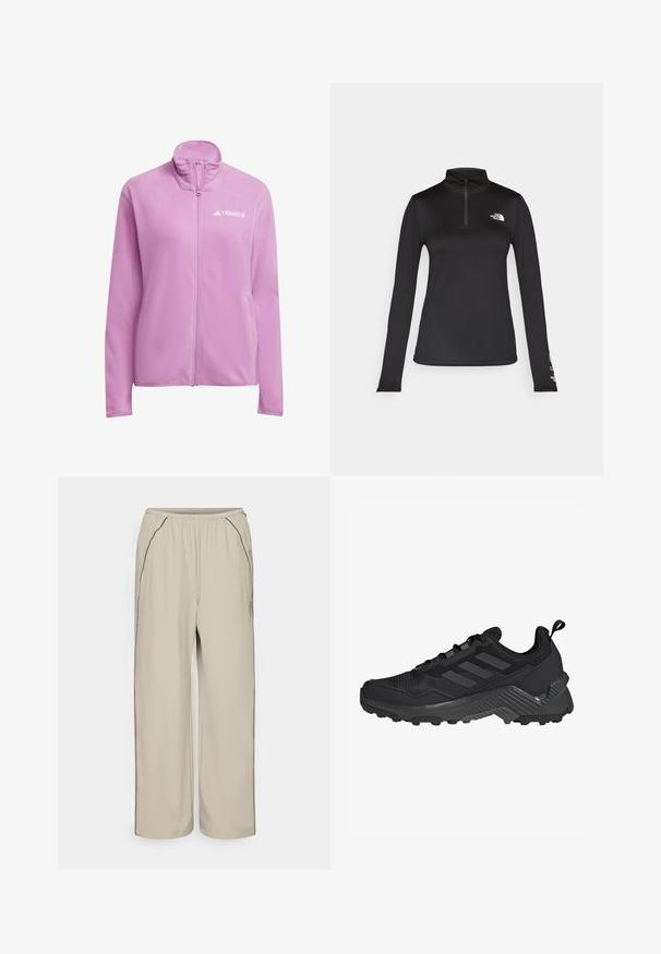 Rosa fleecejakke med høy krage og glidelås. Har logo på brystet og sidelommer. Myk tekstur og avslappet passform.; The North Face FLEX 1/4 ZIP GRAPHIC - Topper langermet - black; Beige, lette bukser med elastisk liv, sidelommer og kontrasterende sort sømpynt. Rett ben-design, glatt tekstur.; Svart idrettssko med mesh-overdel, design med tre striper, formet hæl og robust yttersåle med fremtredende støtteknopper.