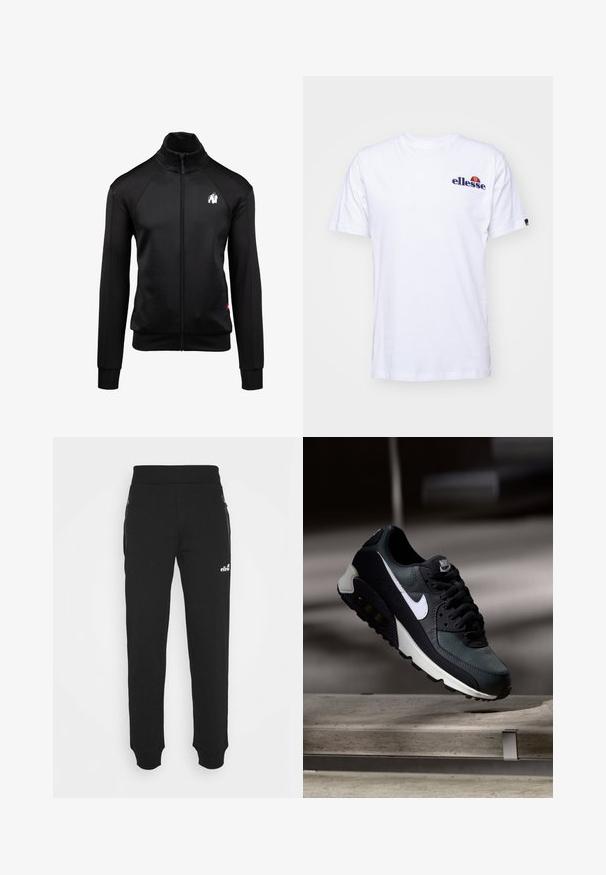 Zwarte ritsjack met hoge kraag, textuurpanelen op de mouwen en een wit logo op de borst. Heeft aansluitende manchetten en zoom.; Witte katoenen T-shirt met korte mouwen, voorzien van een marineblauw geborduurd logo op de linkerborst en een levendige kleurenaccent boven het logo.; Zwarte sweatpants van zacht materiaal hebben een taps toelopend ontwerp, een elastische tailleband, zijzakken met ritsen en een klein logo-accent.; Zwarte en groene sneaker met een gemêleerde mesh bovenkant, witte swoosh-logo, gewatteerde kraag en een zichtbare luchtkusseneenheid in de zool.