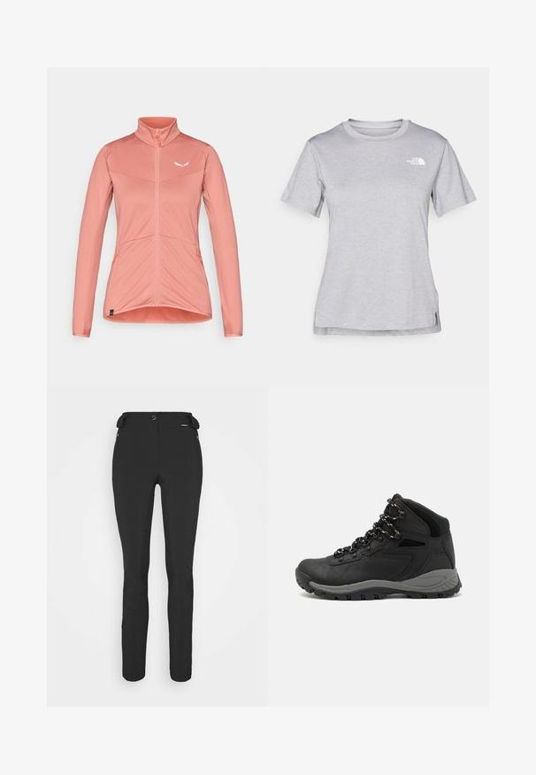 Dames zip-up jack in zacht roze, met een hoge kraag, gestructureerde stof en contrasterende oranje ritsaccents. Twee zijzakken inbegrepen.; Grijze T-shirt met korte mouwen, gemaakt van zachte, vochtabsorberende stof. Heeft een ronde hals en een klein wit logo op de bovenste linkerzijde.; Zwarte, strakke broek gemaakt van een flexibel materiaal. Kenmerken zijn onder andere een ritszak aan de zijkant, gebogen knieën en een gladde textuur.; Zwarte wandelschoen met een mid-top ontwerp, voorzien van een gestructureerde bovenkant, grijze accenten en een duurzame rubberen zool met gripnoppen.