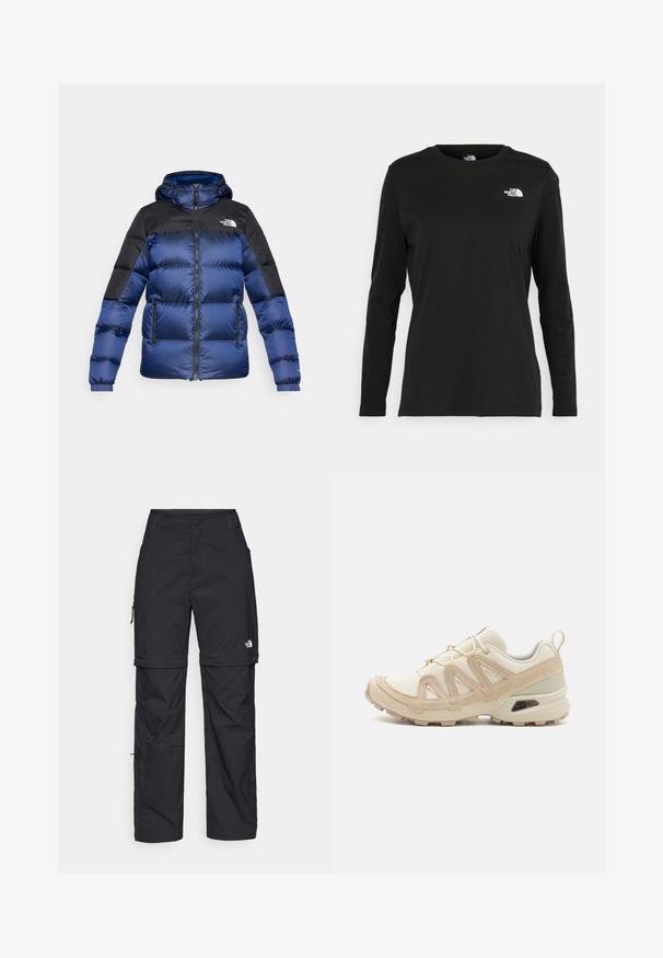 Sinine ja must puhv-jakk kapuutsiga, millel on tõmblukk, kaks eesmist taskut ja logo vasakul ülal. Tekstuuritud kangas.; Must mustahiheline T-särk, millel on pikad varrukad, valmistatud puuvillast ja ümarast kaelusest. Vasakul rinnal on väike valge logo. Lihtne disain ja sobivus.; Mustad nailonist valmistatud eemaldatavad cargo-püksid, reguleeritavate pahkluudega, mitmete taskutega ja paremal jalal logoga. Sile, kerge tekstuur.; Beež ja koobalti spordijalats tekstureeritud võrkkattega, toetavad ülemised kihid ja kummist tallaga, millel on mustriga joonistus haardeks.