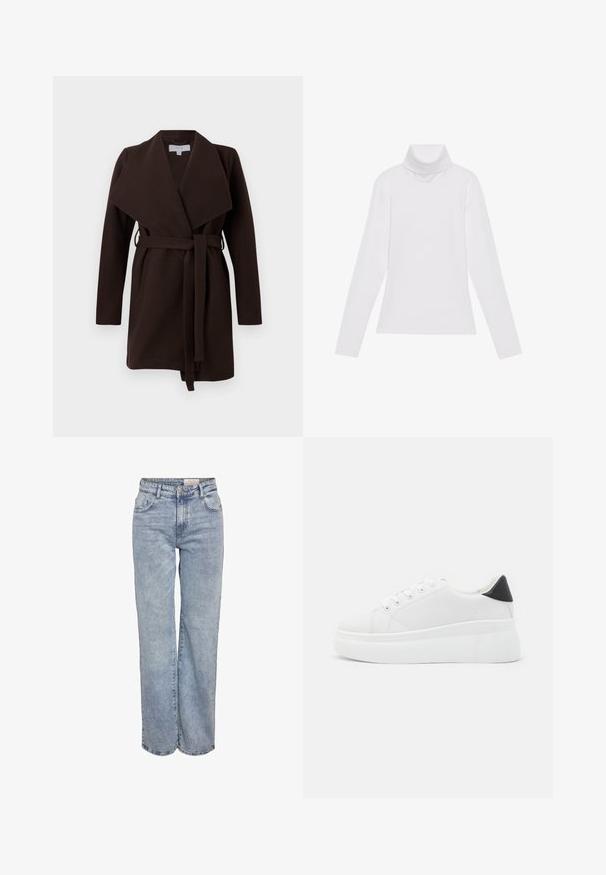 Hnědý kabát s páskem a širokým límcem, dlouhými rukávy a otevřeným předním dílem. Vyrobený z měkké tkaniny s hladkou strukturou.; Bílý dlouhý rukáv rolák vyrobený z hladkého, elastického materiálu. Má vysoký límec a přiléhavý střih, bez viditelných vzorů nebo ozdob.; Světle modré široké džíny vyrobené z denimové tkaniny, s vysokým pasem, designem se šesti kapsami a jemným zesvětlením pro opotřebovaný vzhled.; Bílé platformové tenisky vyrobené z hladkého syntetického materiálu, s kulatou špičkou, šněrováním a texturovanou gumovou podrážkou. Černý akcent na patě.