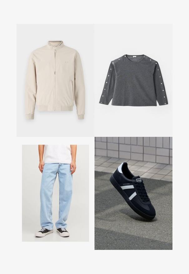Šviesiai smėlinis švarkas su aukštu apykakle, užtrauktuku priekyje ir grioveliais ant rankovių. Turintis logotipo detales ir šonines kišenes. Lygi medžiagos tekstūra.; Pilkos spalvos ilgomis rankovėmis marškiniai iš minkštos medžiagos, su apvalia iškirpte ir spaudimo mygtukais palei pečius, suteikiančiais papildomų detalių.; Trys paprastos marškinėlių rinkinys juodos, baltos ir šviesiai pilkos spalvos. Trumpomis rankovėmis, apvaliu kaklu, pagaminti iš lygaus medvilninio audinio. Matomas prekės ženklas.; Šviesiai mėlynos denim kelnės su laisvu siluetu, su tiesių kojų dizainu ir standartinėmis siūlėmis, derinamos su juodais sportiniais bateliais.; Juodas odinis sportinis batelis su baltais dryžiais, tekstūruota gumine padais ir raišteliais priekyje. Yra prekės ženklą žymintis etiketė ant liežuvio.