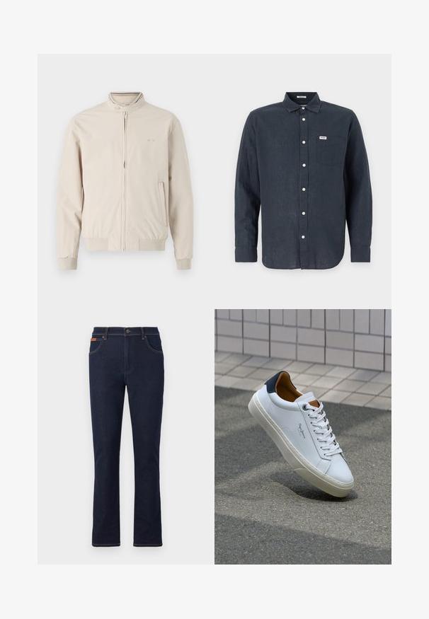 Világos bézs dzseki álló gallérral, cipzáras elülső résszel és bordás mandzsettákkal. Logó részlet és oldalsó zsebek találhatók rajta. Simaságú anyag.; Sötétkék, hosszú ujjú ing, amely lenből készült, gombolható gallérral, elülső zsebbel és fehér gombokkal rendelkezik. A zsebben Wrangler logó található.; Sötétkék farmernadrág egyenes lábvágással, narancssárga varrással, öt zsebbel és gombos derékkal.; Fehér bőr sneaker sötétkék sarkúval, kerek orral és kontrasztos barna részletekkel. Lapított fűzőkkel és textúrált gumitalppal rendelkezik.