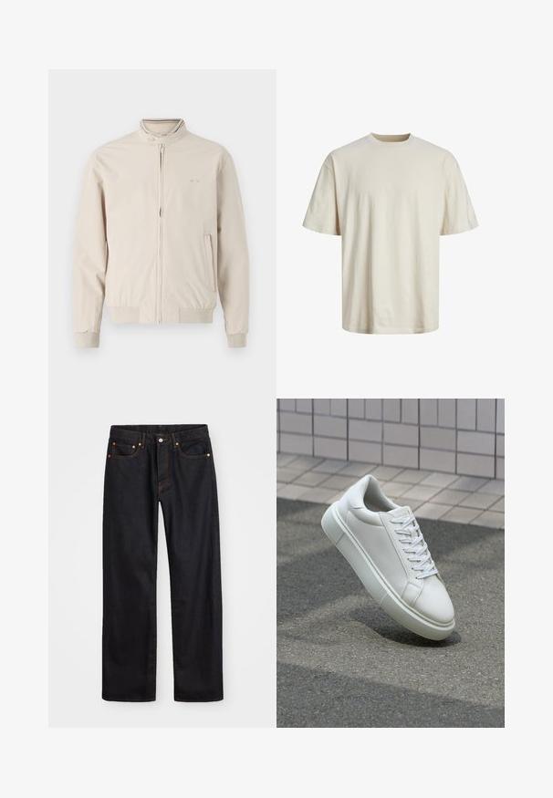 Hele beeži jope, millel on stand-krae, lukuga esiosa ja soonikuga varrukad. Omab logo detalje ja küljetaskuid. Sile kangatekstuur.; Küljest avatud kaelusega puuvillane t-särk kreemjas-valges värvuses, lühikeste varrukatega, lõdva lõikega ja sujuva, kergelt materjaliga.; Meeste sirge jala mustad denim teksad viie taskuga, oranž õmblus, nupu ja tõmblukuga ees nagu vöökoht.; Valge nahkline sneka, millel on sile pind, ümar varvas ja lame valge pael. Omab tekstuuriga kummist talla ja minimaalset kujunduselementi.