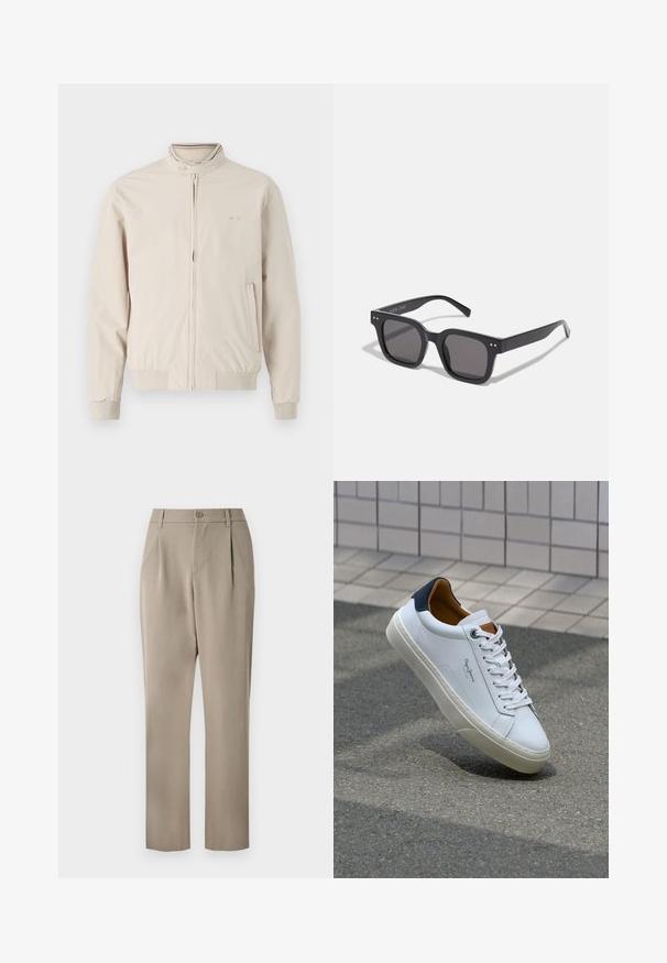 Light beige jacket with a stand collar, zip front, and ribbed cuffs. Features a logo detail and side pockets. Smooth fabric texture.; Set of three basic t-shirts in black, white, and light grey. Short sleeves, round neck, made from smooth cotton fabric. Brand logo visible.; Khaki trousers with a straight-leg design, featuring a button closure and pleated front. Made from smooth fabric with a matte finish.; White leather sneaker with a navy heel, round toe, and contrasting brown accents. Features flat laces and textured rubber sole.; Black rectangular sunglasses with dark lenses, featuring a thick frame, subtle accents on the sides, and no visible logos beyond the brand name.; Silver stainless steel quartz watch with a black rectangular face, featuring analog hands, digital display, and water resistance label.