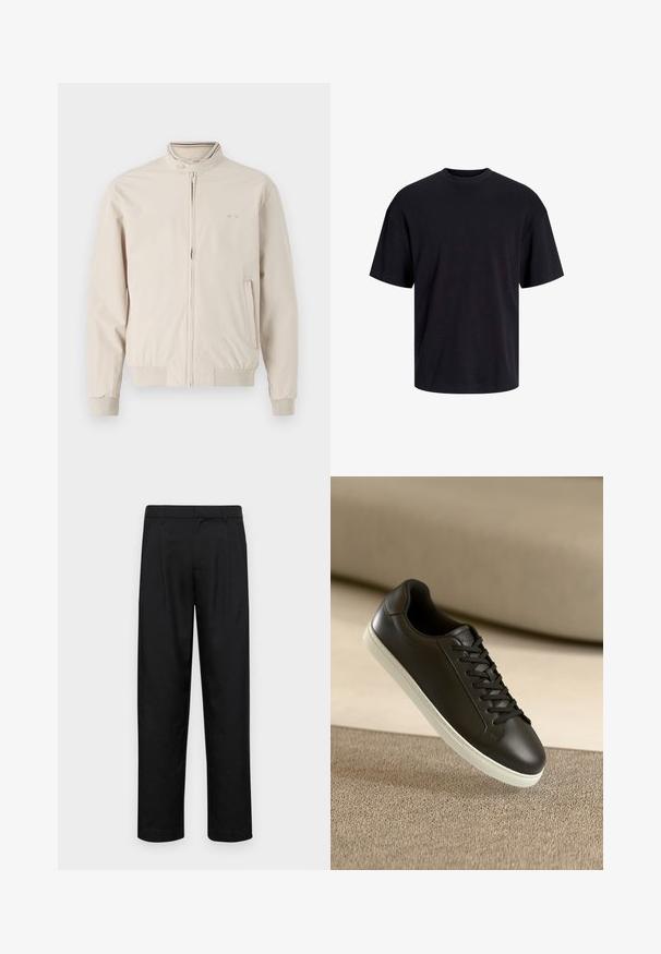 Gaiši bezkrāsains žakets ar stāvošu apkakli, rāvējslēdzēja priekšpusi un ribotām piedurknēm. Iezīmē ar logotipa detalizāciju un sānu kabatām. Gluda auduma tekstūra.; Melns kokvilnas T-krekls ar apaļu kakla izgriezumu, īsām piedurknēm un brīvu piegriezumu. Gluda tekstūra un nav redzamu rakstu vai akcentu.; Melnas bikses, izgatavotas no gludas auduma, ar taisnu kāju dizainu, divām priekšējām krokām un standarta jostu, kurai ir āķi.; Melnas ādas sporta kurpes ar baltu gumijas zoli un melnām auklām, novietotas uz bēša auduma virsmas un fona.