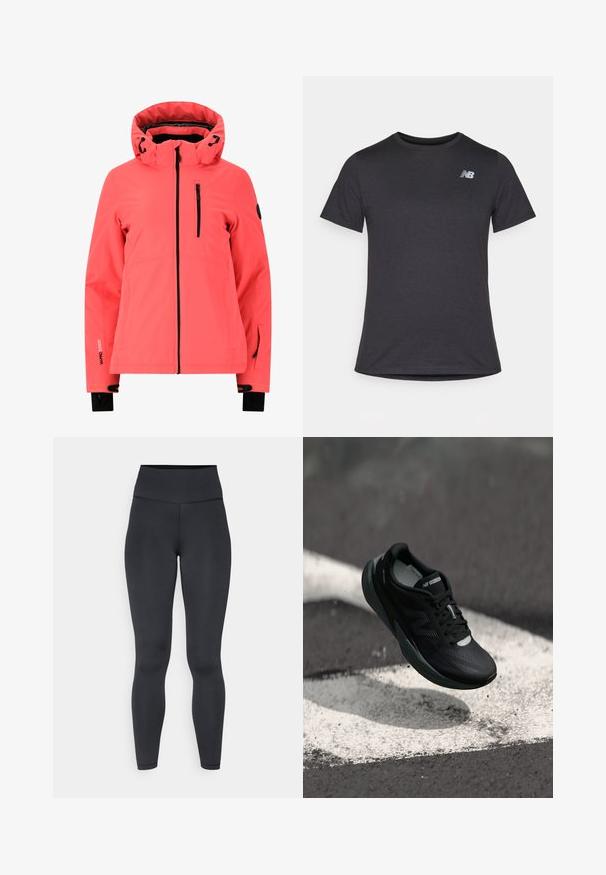 Helle Korallenjacke mit hohem Kragen und verstellbarer Kapuze. Verfügt über eine mit Reißverschluss ausgestattete Brusttasche und wasserdichtes Material mit schwarzen Akzenten.; Schwarzes Kurzarm-T-Shirt aus weichem Stoff, mit einem kleinen grauen New Balance-Logo auf der linken oberen Brust, klassisches Rundhals-Design.; Hoch geschnittene schwarze Leggings aus dehnbarem Material, mit glatter Textur und enganliegendem Design, minimalen Nähten.; Schwarzer Laufschuh mit strukturiertem Obermaterial, schlankem Design und reflektierenden Akzenten. Verfügt über eine weiche, gepolsterte Sohle für Komfort.