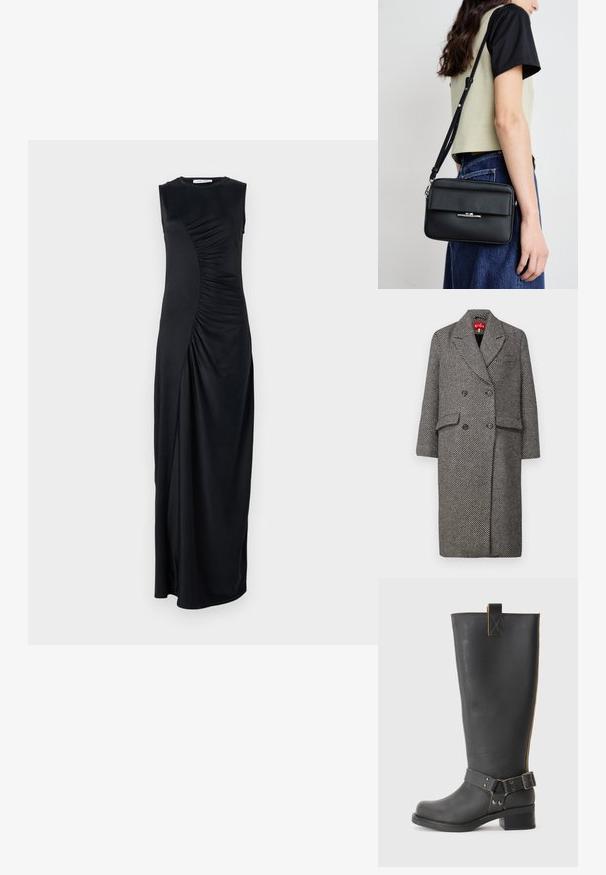 Dubbelzijdige jas in een zwart-witte houndstoothpatroon, met een geknipte kraag, twee voorzakken en zwarte knopen.; Zwart mouwloos maxi-jurk met gedrapeerde zijdetails, gemaakt van een soepele stof; heeft een ronde halslijn en een aansluitende pasvorm.; Zwarte leren knie- hoog laars met een gestructureerde afwerking, voorzien van een zijgesp accent en een lage hak. Gedetailleerde stiksels langs de naden.; Calvin Klein LINEAR CAMERA BAG - Schoudertas - black