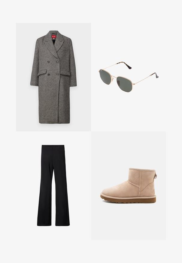 Doppelreihiger Mantel mit einem schwarz-weißen Hahnentrittmuster, ausgestattet mit einem Reverskragen, zwei frontalen Taschen und schwarzen Knöpfen.; Grauer Kabelstrickpullover mit langen Ärmeln, einem gerippten Saum und einem Rundhalsausschnitt. Kleines Logo-Detail auf der Brust.; Schwarze, ausgestellt geschnittene Hose mit einem elastischen Bund, hergestellt aus einem weichen, dehnbaren Stoff. Sie hat eine glatte Oberfläche und keine sichtbaren Muster oder Beschläge.; Beige Wildleder-Ankle Boot mit runder Zehenform, gesteppten Akzenten und einer strukturierten braunen Gummisohle. Mit einem Zugband an der Rückseite.; Goldfarbene Metallrahmen-Sonnenbrillen mit dunkelgrünen Gläsern im Pilotenstil, mit schlanken Bügeln und Schildpatt-Akzenten an den Spitzen.; Graue synthetische Tragetasche mit zwei langen Griffen und einem passenden kleinen Reißverschlussbeutel mit Quaste. Glatte Textur mit dezentem Muster.