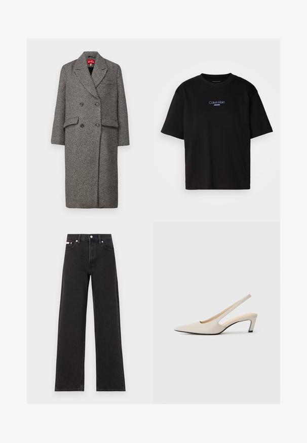 Kétgombos kabát fekete-fehér kutyafog mintával, nemes gallérral, két elülső zsebbel és fekete gombokkal.; Fekete pamut póló kerek nyakkal, rövid ujjú, elöl kék hímzett "Calvin Klein JEANS" logóval.; Fekete, bőszárú farmernadrág, magas derekú, öt zsebes kialakítással és fém gombos záródással, kontrasztos varrással.; Bézs bőrű, hegyes orrú slingback cipő, kivágott dizájnnal, 5 cm magas blokk sarokkal és sima textúrával. Fekete talppal kiemelve.