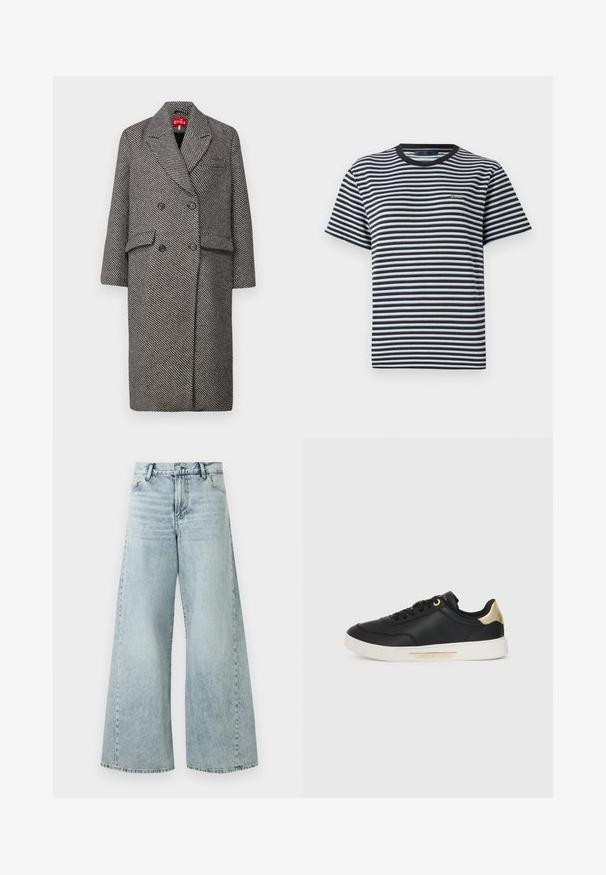 Double-breasted coat in a black and white houndstooth pattern, featuring a notched collar, two front pockets, and black buttons.; Striped t-shirt featuring black and white horizontal stripes, crew neckline, and short sleeves. Made of soft, lightweight fabric.; Light blue denim wide-leg jeans with a high waist, featuring a button closure, five pockets, and frayed hem details.; Black leather sneaker with a smooth texture, white rubber sole, gold accents on the heel and eyelets, featuring a logo on the side.