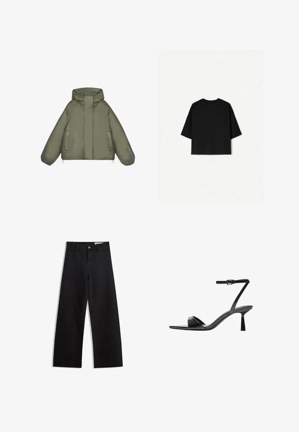 Puffer jacket in olive green, featuring a hood, oversized fit, elastic cuffs, two side pockets, and text detail on the sleeve.; Black oversized T-shirt with short sleeves, crew neckline, and a straight hem. Made of soft cotton with a smooth texture. Back view only.; Black wide-leg denim pants with a high waist, featuring front and back pockets, stitched seams, and a button closure. Smooth texture.; Bershka High heeled sandals - black