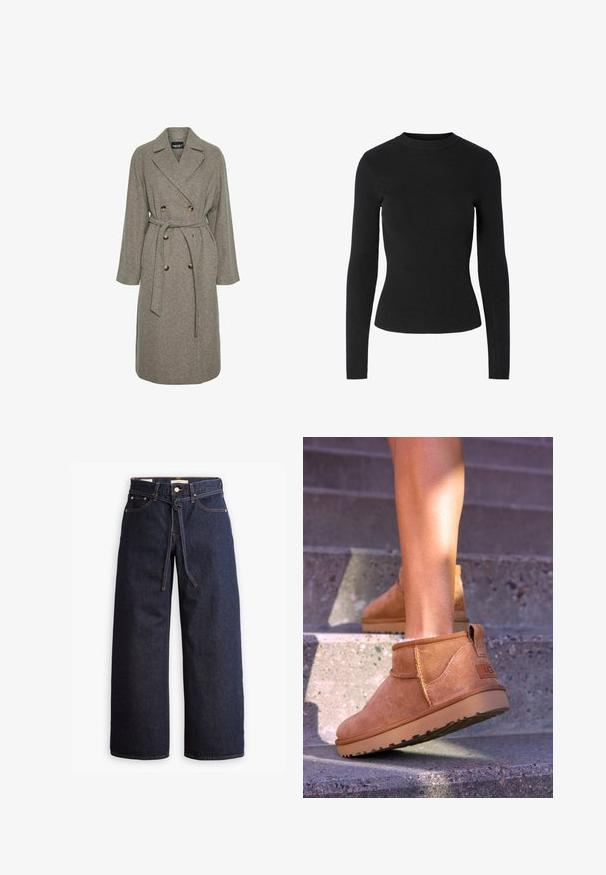Szürke gyapjú keverék kabát, dupla gombolású dizájnnal, nagy gombokkal és övvel ellátott derékkal. Jellemzője a hajtókás gallér és a hosszú ujjak.; Fekete bordázott hosszú ujjú pulóver kerek nyakkivágással és testhezálló szabással, melynek felülete sima tapintású.; Széles lábú, sötétkék farmernadrág magas derékkal, húzózsinórral, öt zsebbel és kontrasztos varrással.; Barna nubuk bokacsizmák, puha textúrával, varrott részletekkel és gumitalpakkal, hurok alakú sarokkal a könnyű felvétel érdekében.