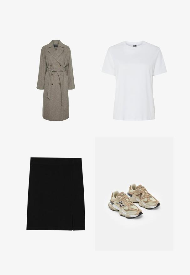 Casaco cinza em mistura de lã com design de duplo peito, botões grandes e cintura com cinto. Apresenta um colarinho de corte e mangas longas.; T-shirt branco de algodão com mangas curtas e decote redondo. Textura suave, corte descontraído e sem padrões ou accents visíveis.; Mini saia preta feita de tecido suave com um design justo, apresentando uma leve fenda na lateral para um detalhe adicional.; Sapatilhas bege com materiais em malha e camurça. Apresenta um logótipo preto e detalhes texturizados. Entressola branca espessa e sola de borracha preta.