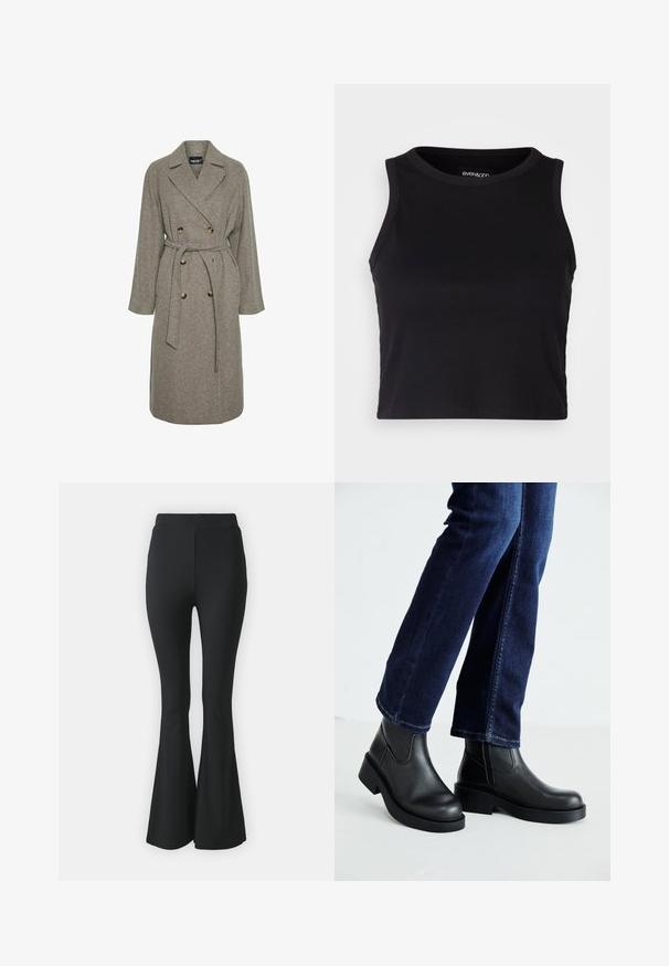 Grå ullblandingskåpe med dobbelbrystet design, store knapper og belte i midjen. Har en spiss krage og lange ermer.; Svart ribbet crop tank top med rund halslinning og ermeless design. Laget av myk, elastisk stoff med rene, kantede kanter.; Svarte vide bukser laget av elastisk stoff. Har høy midje og en glatt, tettsittende design som vidder ut fra kneet og nedover.; Sorte lær ankelsko med en kraftig såle og elastiske paneler på siden, kombinert med mørkeblå jeans. Underlaget er lyst.