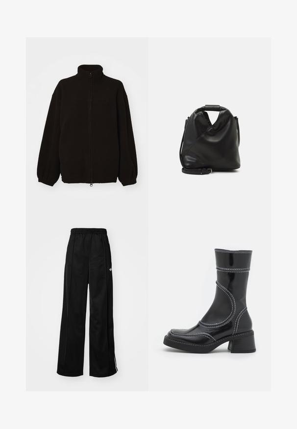 Black fleece jacket with a high collar, zip front, elastic cuffs, and a loose fit. Textured fabric with a smooth appearance.; Long-sleeve crewneck sweater in dark green, textured knit, with ribbed cuffs, hem, and neckline, laid flat on a white background.; Black wide-leg track pants with an elastic waistband, featuring white side stripes and a small logo on the left hip. Smooth fabric texture.; Black patent leather ankle boot with white stitching, rounded toe, and block heel. Features curved design lines and a smooth texture.; Black, soft leather bag with a unique twisted design. Features a short handle and a detachable shoulder strap. Minimalist style.
