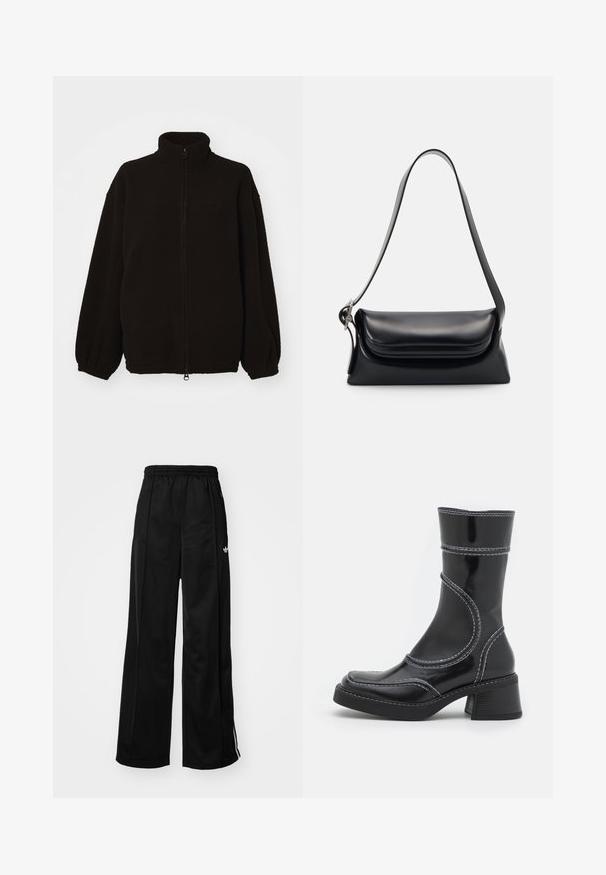 Fekete bolyhos dzseki magas gallérral, cipzáros elülső résszel, elasztikus mandzsettákkal és laza szabással. Tekintettel a sima megjelenésű texturált anyagra.; Sötétzöld, hosszú ujjú, kereknyakú pulóver, texturált kötött anyagból, bordázott mandzsettákkal, aljjal és nyakkal, fehér háttérre fektetve.; Fekete, bő szárú tréningnadrág, elasztikus derékkal, fehér oldalsávokkal és egy kis logóval a bal csípőn. Sima anyag textúrával.; Fekete lakkbőr bokacsizma fehér varrással, kerek orral és blokk sarkal. Görbült formai vonalakkal és sima textúrával rendelkezik.; Fekete bőr kézitáska, amelynek struktúrált formája, sima textúrája és egyetlen vállpántja van. Finom, lekerekített fedél kialakítással rendelkezik.