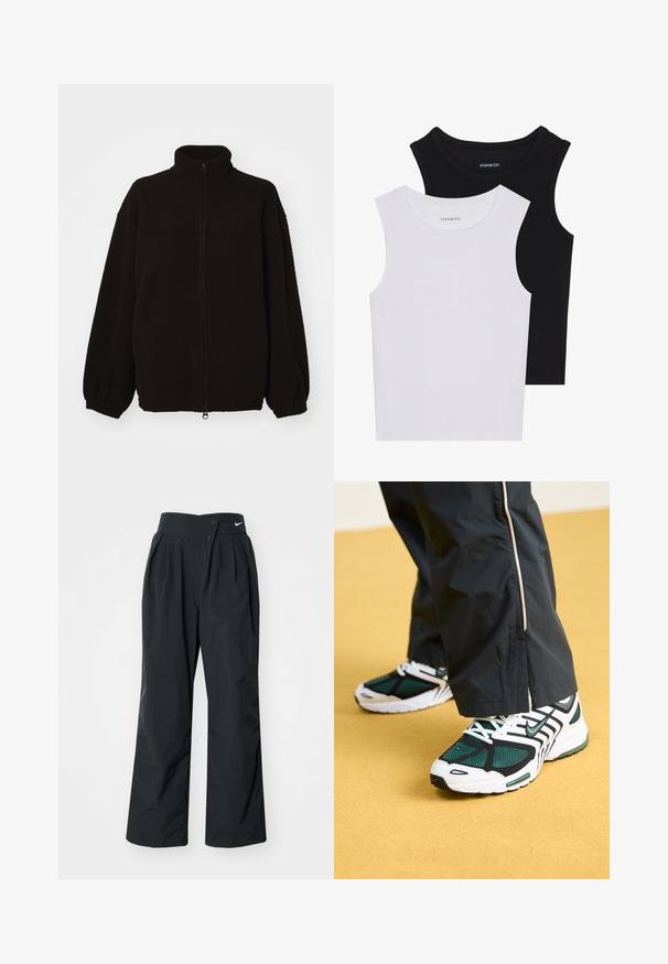 Black fleece jacket with a high collar, zip front, elastic cuffs, and a loose fit. Textured fabric with a smooth appearance.; Two sleeveless tops in black and white, made of ribbed cotton, featuring round necklines and a fitted design. Labels visible on both.; Black wide-leg trousers with a high waistband, featuring a button closure and a subtle Nike logo on the waistband. Smooth, lightweight fabric.; Running shoes with a mesh upper, featuring green and black colors, white accents, black sole, and multiple lace holes for a secure fit.