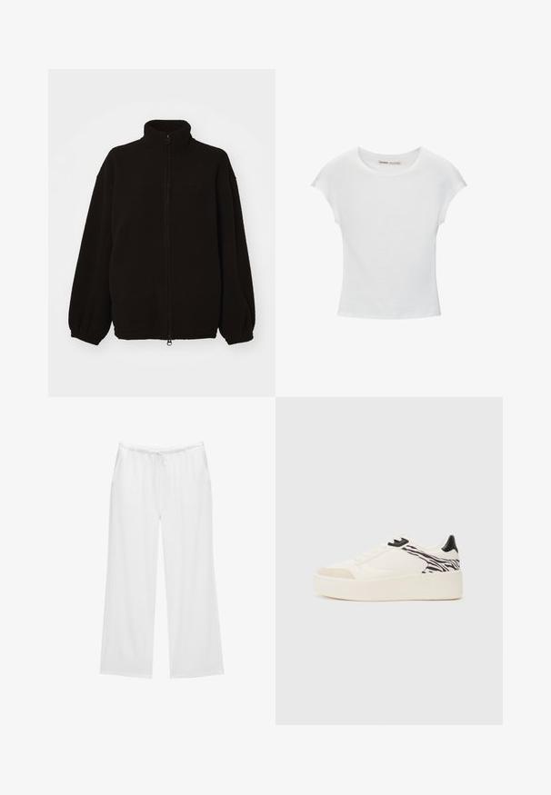 Schwarze Fleecejacke mit hohem Kragen, Reißverschluss vorne, elastischen Bündchen und lockerer Passform. Strukturiertes Material mit glattem Erscheinungsbild.; Weißes Baumwoll-T-Shirt mit rundem Ausschnitt, kurzen Ärmeln und tailliertem Schnitt. Glatte Textur ohne Muster oder Verzierungen.; Weiße weit geschnittene Hosen aus weichem Stoff, mit einem elastischen Bund und einem Kordelzug sowie zwei seitlichen Taschen. Einfaches und klares Design.; Even&Odd Sneaker low - white/black