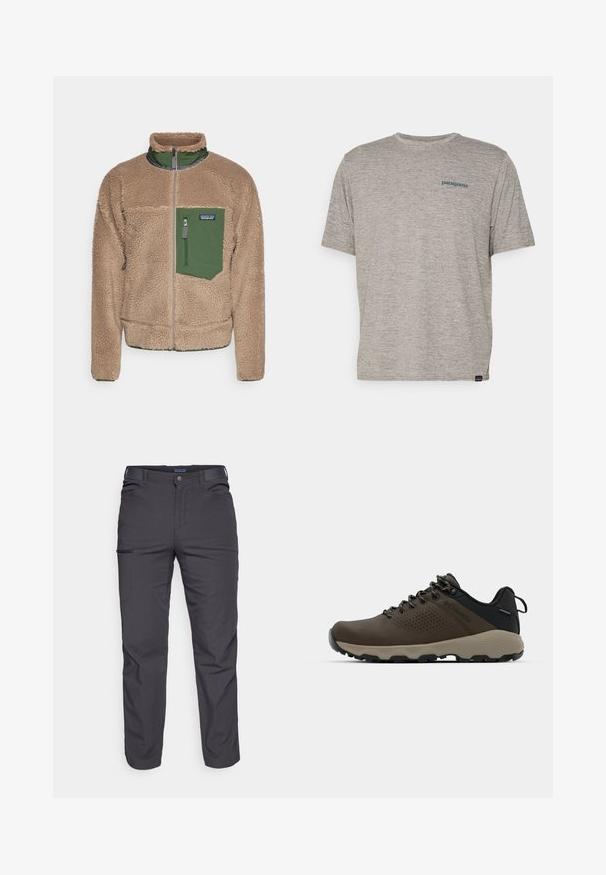 Veste en polaire beige avec poche zippée verte, col montant et fermeture à glissière sur le devant. Présente une surface texturée et des poignets élastiques.; T-shirt gris à manches courtes en tissu doux et texturé, arborant un petit logo bleu Patagonia sur le côté gauche de la poitrine. Pas de motifs supplémentaires.; Pantalons gris foncé en tissu durable, dotés d'une poche zippée, d'une coupe droite et de passants de ceinture pour un ajustement réglable.; Baskets imperméables marron avec une tige texturée, des accents perforés, un support de talon noir et une semelle en caoutchouc grise. Les lacets sont ornés d'embouts métalliques.