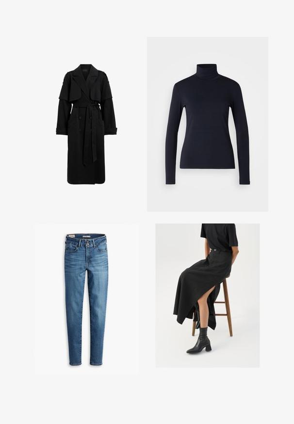 Manteau noir en tissu lisse. Présente un devant à double boutonnage, une ceinture, de grandes poches et des manches surdimensionnées avec épaulettes.; Haut à col roulé bleu marine à manches longues. Fabriqué en tissu doux avec une texture lisse. Présente un design ajusté et un col haut sans coutures visibles.; Jean skinny taille haute en denim bleu clair. Comprend cinq poches, fermeture à bouton à l'avant et détails de couture classiques sur l'ensemble.; Jupe maxi en lin noir avec une fente haute, portée avec un t-shirt noir et des bottes de cheville noires. Design minimaliste avec une coupe décontractée.