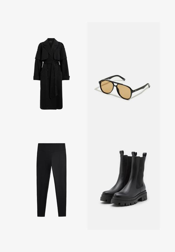 Czarny płaszcz trenchowy z gładkiego materiału. Posiada podwójnie zapinany przód, pasek, duże kieszenie oraz przeskalowane rękawy z epoletami.; Biała bawełniana koszulka z krótkim rękawem, okrągłym dekoltem i prostym dołem. Gładka faktura, minimalistyczny design bez wzorów i akcentów.; Czarne legginsy wykonane z gładkiego, elastycznego materiału. Posiadają szeroki pas oraz zwężany krój nogawek, odpowiednie zarówno do aktywności fizycznej, jak i na co dzień.; Czarne skórzane botki za kostkę z elastycznymi panelami bocznymi i pętelkami do zakładania. Masywne gumowe podeszwy z głębokimi wzorami bieżnika dla lepszej przyczepności.; Czarne okulary przeciwsłoneczne z brązowymi szkłami; prostokątny kształt z grubą oprawą, z delikatnymi akcentami na zausznikach.