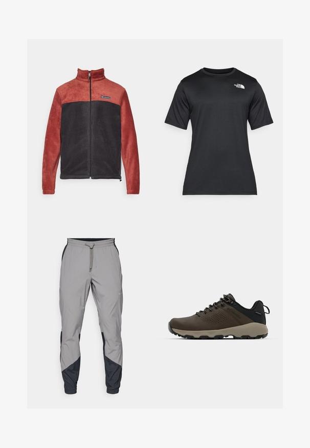 Columbia STEENS MOUNTAIN™ FULL ZIP - Jakna iz flisa - spice/black; Črna majica s kratkimi rokavi iz lahkega, vlago odvajajočega materiala. Ima belo logo na levem prsnem delu in krožni izrez.; Lahki, sivi atletski hlače z črnimi dodatki. Elastika v pasu, zategovalna vrvica, oblikovana noga in stranske žepe.; Rjave vodoodporne superge z teksturiranim zgornjim delom, perforiranimi detajli, črno podporo za peto in sivo gumijasto podlogo. Šnure imajo metalne konice.