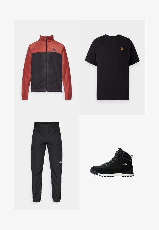 Columbia STEENS MOUNTAIN™ FULL ZIP - Casaco polar - spice/black; T-shirt de algodão preta com mangas curtas, gola redonda e um pequeno design bordado amarelo na área do peito esquerdo.; The North Face HORIZON PANT - Calças para exterior - black; Bota de caminhada preta com parte superior em tecido texturizado e camurça, ilhós de metal e sola de borracha branca. Apresenta um colarinho acolchoado para suporte.