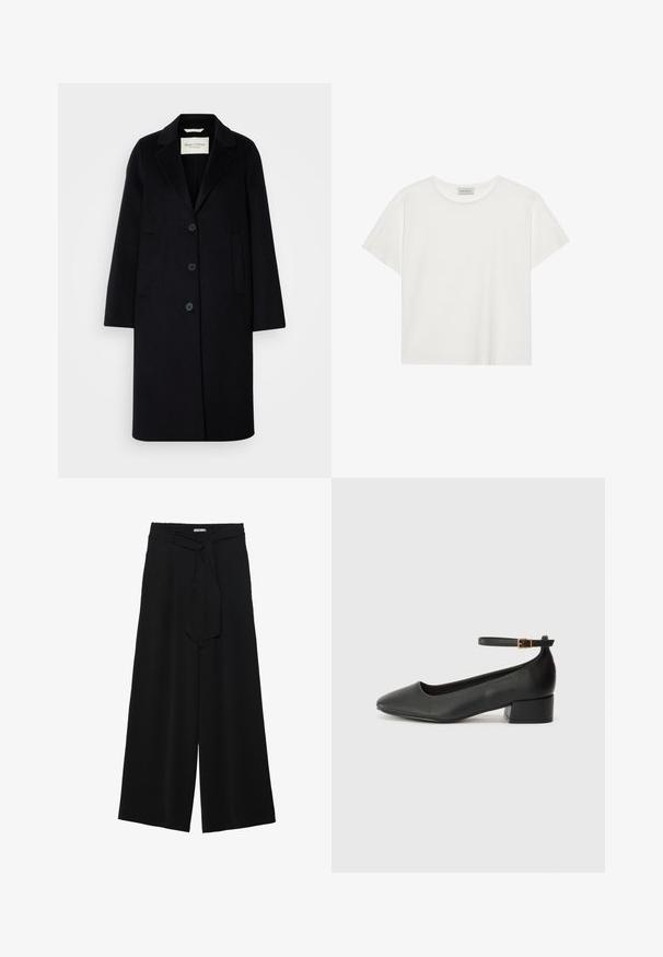 Long black coat made of wool, featuring a notched lapel, four black buttons, side pockets, and a straight silhouette.; White short-sleeve T-shirt made of soft cotton. Features a round neckline and relaxed fit. Clean design with no visible patterns or accents.; Black wide-leg pants featuring a textured fabric, an elastic waistband, and a detachable sash tie at the waist for adjustable fit.; Black leather pump with a pointed toe and a low block heel. Features an ankle strap with a gold-tone buckle. Smooth texture.
