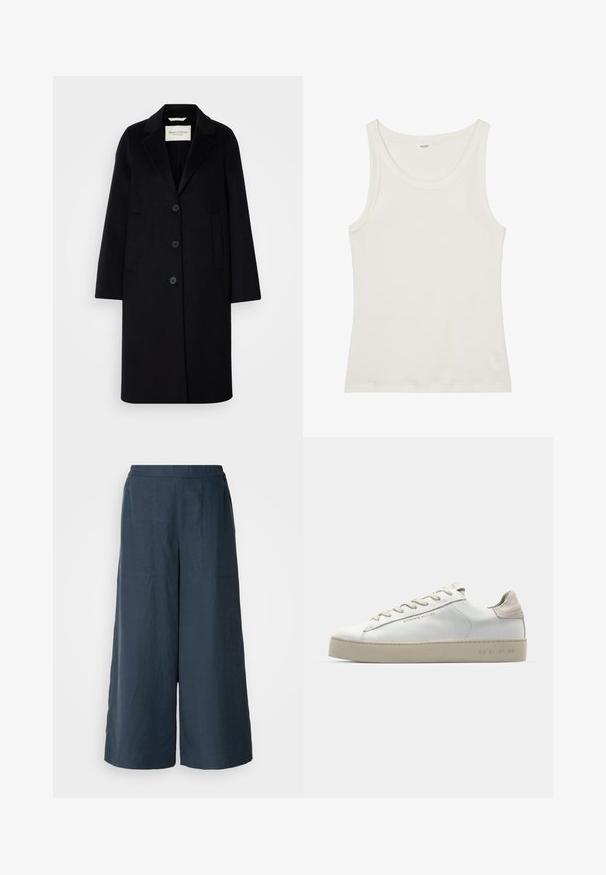 Garšs melns vilnas mētelis ar saknēm pie apakšmalas, četrām melnām pogām, sānu kabatām un taisnu siluetu.; Balta kokvilnas topiņa ar platu kakla izgriezumu un plānām plecu lencēm. Gluda tekstūra bez redzamām apdrukām vai rotājumiem.; Platās bikses tumši zilā krāsā, izgatavotas no viegla auduma. Iespējo nedaudz teksturēta virsma, elastīga jostasvieta un priekšējās šuves.; Baltas ādas sporta apavi ar gludu virsmu, bēšas zamša akcenti, apaļa pirksta forma, plakans šņorēšanas dizains un tekstūrota gumijas zole.