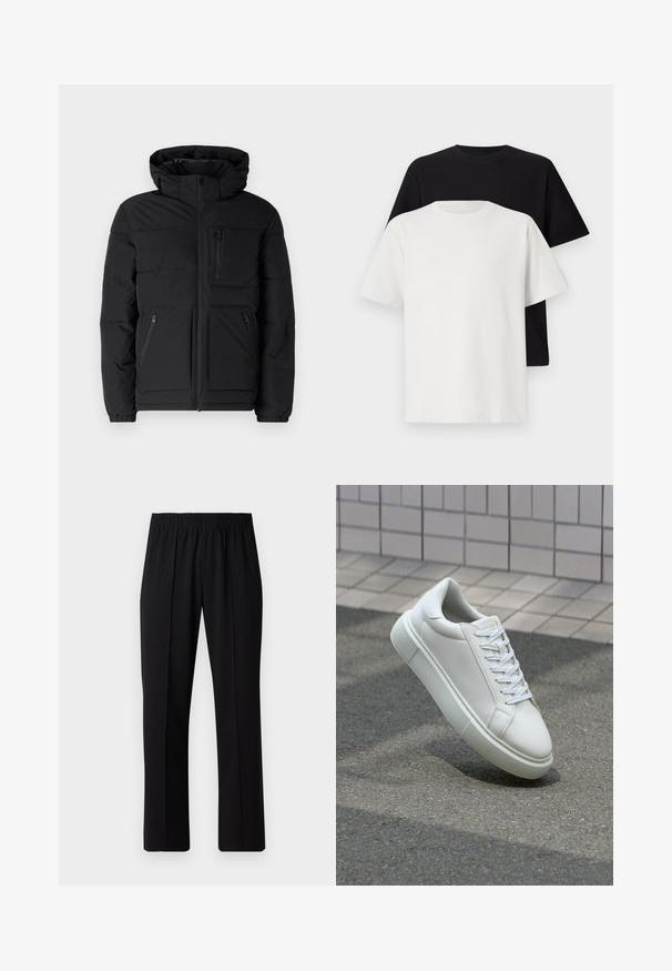 Czarna pikowana kurtka z kapturem, zapinana na zamek z przodu, z dwoma bocznymi kieszeniami oraz kieszenią na piersi z zamkiem. Gładka struktura i ocieplany design.; Zestaw bawełnianych t-shirtów zawierający czarną i białą koszulkę, obie z krótkimi rękawami, okrągłym dekoltem i standardowym krojem. Teksturowana tkanina.; Czarne spodnie z elastycznym pasem o prostym kroju, z gładką strukturą i bez widocznych wzorów czy elementów metalowych.; Białe skórzane trampki z gładką powierzchnią, okrągłym noskiem i płaskimi białymi sznurowadłami. Posiadają teksturowaną gumową podeszwę oraz minimalistyczne elementy projektowe.