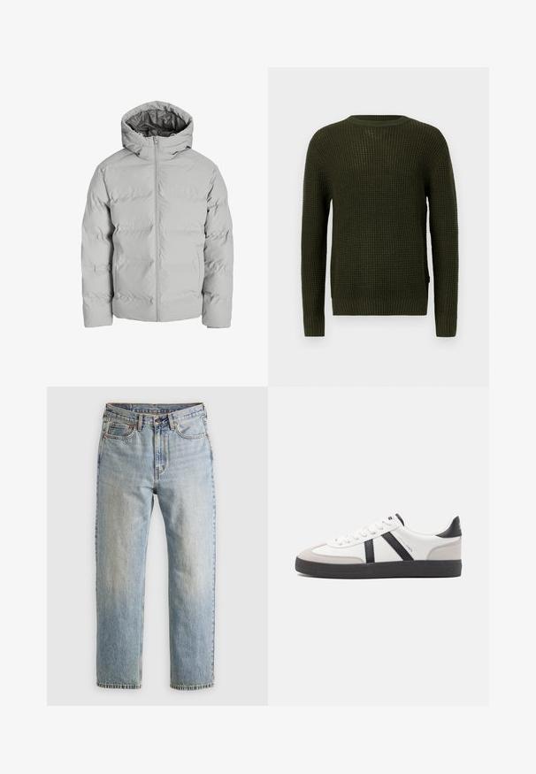 Giacca invernale imbottita grigio chiaro con zip frontale e cappuccio attaccato, mostrata frontalmente su uno sfondo bianco.; Maglione lavorato a maglia verde oliva con scollo rotondo, maniche lunghe e polsini a costine. Presenta un pattern texturizzato e una vestibilità morbida.; Jeans in denim azzurro chiaro con vita alta, bottone anteriore, cerniera e design a cinque tasche, adagiati su uno sfondo neutro.; Sneaker bianco con accenti neri e grigi, dotata di una punta grigia testurizzata, suola in gomma nera e lacci bianchi piatti. Design pulito, stile minimalista.