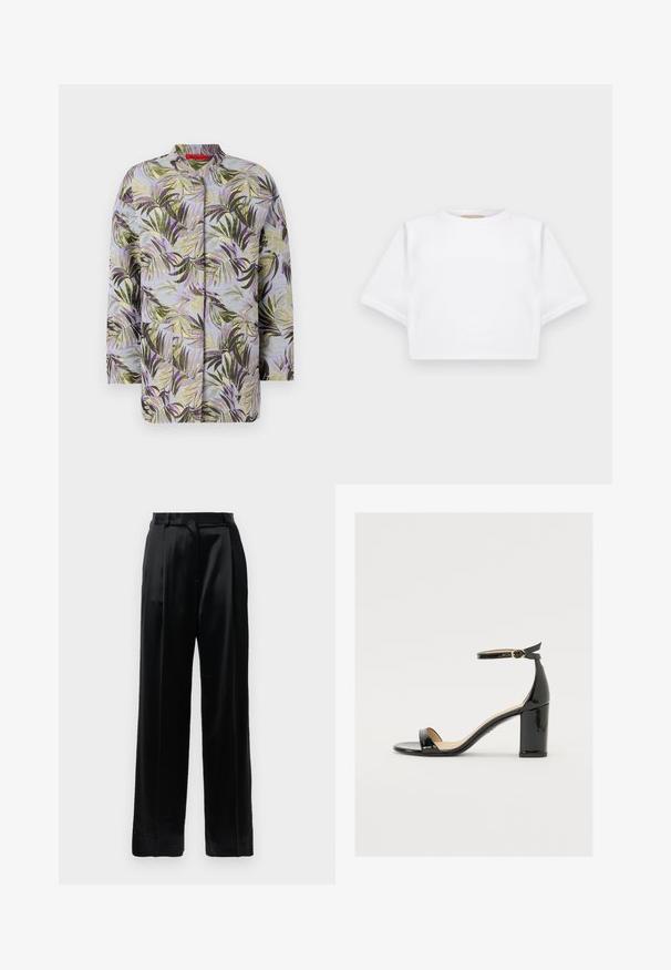 Jakna od šuškavog materijala s botaničkim uzorkom, koja prikazuje zelene i ljubičaste listove na svijetloplavoj podlozi. Okrugli izrez, bez vidljivih zatvarača.; Skraćena bijela majica od mekog materijala, s kratkim rukavima, okruglim izrezom i rebrastim detaljima na rubu. Jednostavan i neukrašen dizajn.; Crne satenske hlače visokog struka s ravnim širokim nogavicama, petljama za remen i ravnim prednjim zatvorenjem na jednostavnoj bijeloj pozadini.; Crne lakirane sandale s širokim potpeticama, otvorenim prstima i remenom oko gležnja s zlatnom kopčom. Glatka tekstura i elegantan dizajn.
