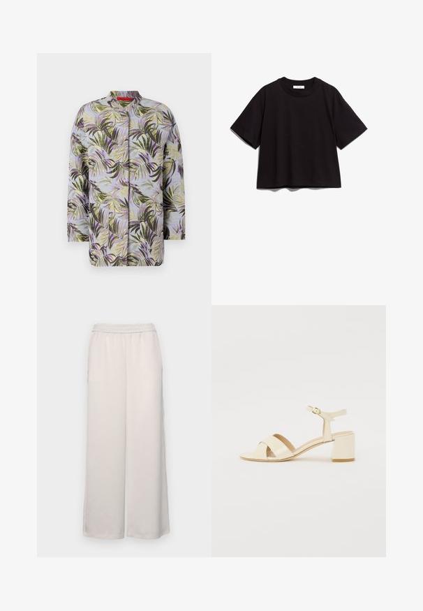 Quiltsēta jaka ar botānisku rakstu, uz gaismas zilas fona attēloti zaļie un violetie lapu motīvi. Apaļa kakla izgriezums, bez redzamām aizdaru daļām.; Melnas kokvilnas īsām piedurknēm kreklis ar apaļu kakla izgriezumu. Tam ir brīvs piegriezums un vienkāršs, neizpušķots dizains.; Gaiši bēšas platās bikses ar elastīgu jostasvietu. Gluda auduma, pilnas garuma, bez redzamām rotājumiem vai rakstiem.; Bežīgi patentēti ādas sandalītes ar krustenisku siksnu dizainu, atvērtu pirkstu, regulējamu potītes siksnu un bloku papēdi. Gluda tekstūra.