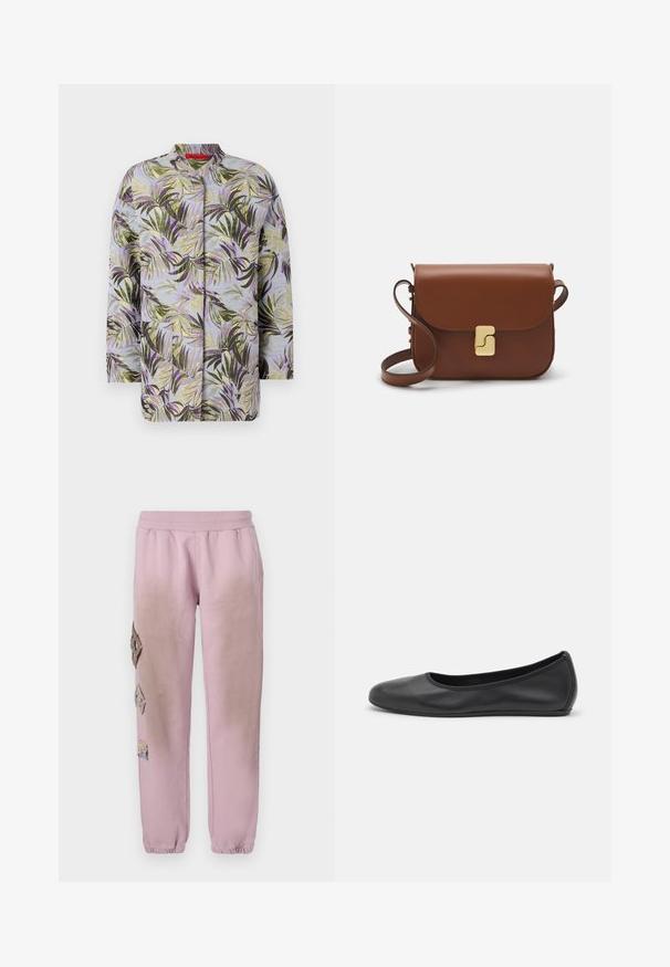 Tikkkootud jakk, millel on botaaniline trükk, kus on rohelised ja lillad lehed helesinisel taustal. Ümar kaelus, nähtavate kinnitusteta.; Valge lühikeste varrukatega T-särk ribatud kangast. Ümara kaelusega, tavalisest sobivusest ja peente õmbluse detailidega. Ilma mustrite või graafikateta.; Roosa spordipüksid elastse paelaga vööl, millel on vasakul küljel dekoratiivsed rombikujulised plaastrid ja elastsed mansetid pahkluude juures.; Musthave mustika tantsutossud mustast nahast, ümmarguse varbaga, siledast tekstuurist, minimaalse õmblusdetailiga ja paindliku tallakujundusega.; Pruunist nahast käekott, millel on klapiga sulgur, kuldne riistvara, õlarihm ja sile tekstuur. Kompaktne ristkülikukujuline vorm.