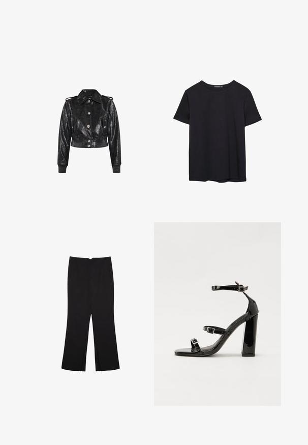 Gekürzte schwarze Jacke aus glänzendem, strukturiertem Kunstleder mit silbernen Knöpfen, einem klassischen Kragen und gerippten Bündchen für einen figurbetonten Look.; Einfaches schwarzes T-Shirt aus Baumwolle mit kurzen Ärmeln und Rundhalsausschnitt, auf einem weißen Hintergrund dargestellt.; Schwarze Hose mit geradem Schnitt, ausgestattet mit Fronttaschen und Seitenschlitzen am Saum. Hergestellt aus weichem, glattem Stoff. Geeignet für verschiedene Anlässe.; Schwarze Lackleder-Sandalen mit hohen Absätzen, zwei Riemen mit Schnallen, quadratischer Zehenpartie und klobigem Blockabsatz, mit einer glatten, glänzenden Textur.