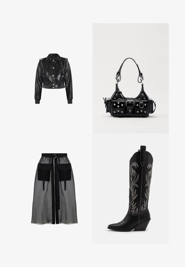 Strihaná čierna bunda z lesklej, textúrovanej imitácie kože so striebornými gombíkmi, klasickým golierom a rebrovanými manžetami pre priliehavý vzhľad.; Čierny dlhý rukáv top vyrobený z priesvitného materiálu, s okrúhlym výstrihom, predným zapínaním na gombíky a vlnitými okrajmi na manžetách.; Čierna priesvitná sukňa s naťahovacím pásom, ktorá má dve veľké predné vrecká, opasok na viazanie a kruhový kovový akcent.; Čierne kožené kovbojské čižmy s špicatými prstami, klinovými podpätkami a striebornými vyšívanými kvetinovými vzormi po celej dĺžke. Kontrastné šitie po celom povrchu.; Čierna kožená kabelka s zakriveným dizajnom, doplnená striebornými cvočkami, prackou a dvoma bočnými vreckami. Nastaviteľný popruh poskytuje rôzne možnosti nosenia.