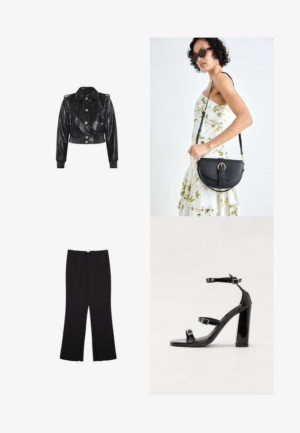 Giacca nera tagliata in pelle sintetica lucida e strutturata, con bottoni argentati, colletto classico e polsini a costine per un look aderente.; Maglietta nera a maniche lunghe realizzata in morbido cotone. Presenta un collo ampio, vestibilità rilassata e maniche leggermente svasate. Senza motivi o accessori visibili.; Pantaloni neri a gamba dritta, con tasche frontali e spacchi laterali all'orlo. Realizzati in tessuto morbido e liscio. Adatti a diverse occasioni.; Sandali con tacco in vernice nera, con punta squadrata, cinturini alla caviglia e fibbie in argento. Presentano un tacco a blocco spesso per maggiore stabilità.; Borsa a tracolla nera in pelle con una forma curva, manico rimovibile e accessori dorati. La borsa presenta una patta con un dettaglio a fibbia.