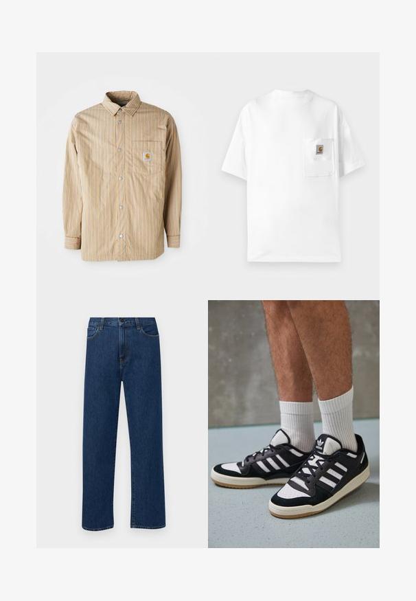 Gestreepte shirt in beige met blauwe lijnen, knoopsluiting aan de voorkant, klassieke kraag, enkele borstzak met logo, lange mouwen en een gladde textuur.; Witte katoenen T-shirt met een ronde hals, korte mouwen en een borstzak met een logo-patch. Minimalistisch ontwerp en naadloze textuur.; Donkerblauwe rechte denim jeans met frontzakken en een knoopsluiting, weergegeven op een effen witte achtergrond.; Zwart-witte sneakers met een bovenwerk van suede en leer, voorzien van drie witte strepen, een geperforeerde neus en een rubberen gumzool.