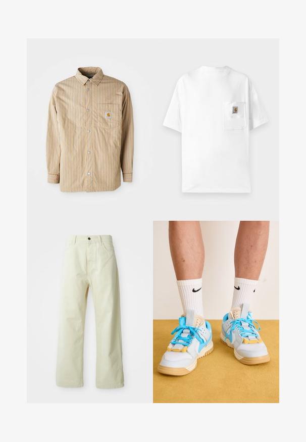 Camisa riscada em bege com linhas azuis, fecho frontal com botões, colarinho clássico, um bolso no peito com logotipo, mangas longas e textura suave.; T-shirt branca de algodão com decote redondo, mangas curtas e um bolso no peito com um emblema. Design minimalista e textura sem costuras.; Calças largas de denim amarelo-claro, com fecho frontal por botão, cinco bolsos e um design straight sem adornos.; Tênis azul claro com solas em tom areia, apresentando cadarços turquesa proeminentes e detalhes em amarelo. Materiais texturizados e amortecimento de ar visível.