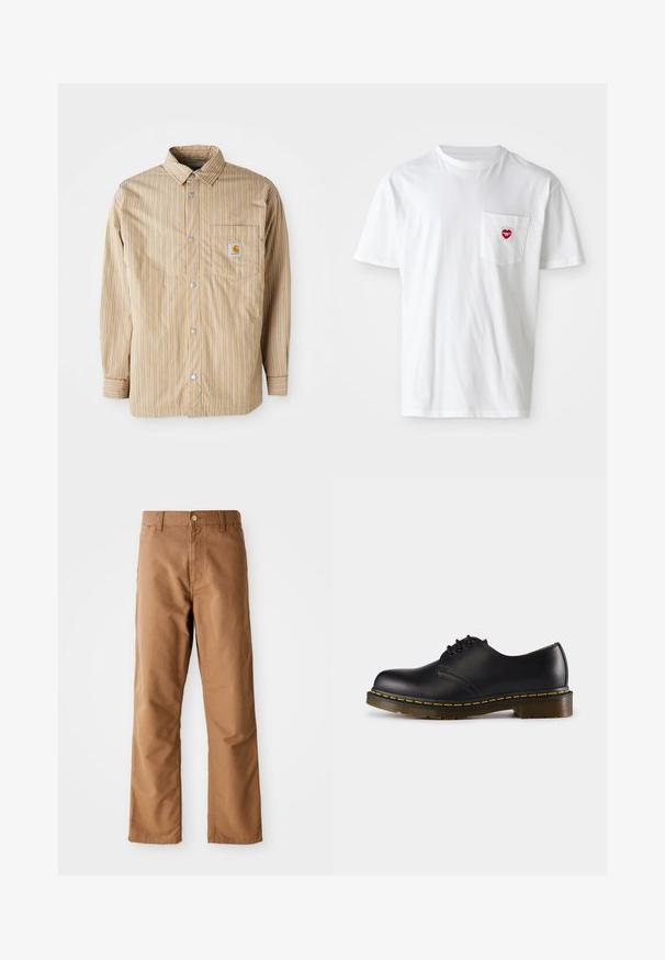 Gestreepte shirt in beige met blauwe lijnen, knoopsluiting aan de voorkant, klassieke kraag, enkele borstzak met logo, lange mouwen en een gladde textuur.; Witte katoenen T-shirt met een ronde hals en korte mouwen. Bevat een klein rood hartlogo op de linkerkant van de borstzak.; Bruine rechte broek met riemlussen, voorkant zakken, knoopsluiting en rits op een witte achtergrond.; Zwarte leren schoen met een ronde neus, vetersluiting, gele stiksels langs de zool en een stevige, geprofileerde rubberen buitenzool.
