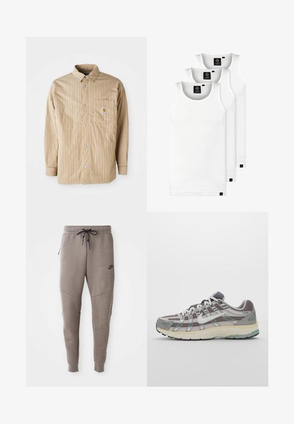 Striped shirt in beige with blue lines, button-up front, classic collar, single chest pocket with logo, long sleeves, and smooth texture.; Three white ribbed tank tops made of cotton. Features a crew neck and small black labels near the hem. Available in multiple sizes.; Gray Nike sweatpants with a drawstring waistband, tapered legs, side pockets, and distinct seam detailing. Soft, textured fabric.; Gray athletic shoe featuring a mesh and suede upper, white accents, a cushioned sole, and a distinctive design with reflective elements.