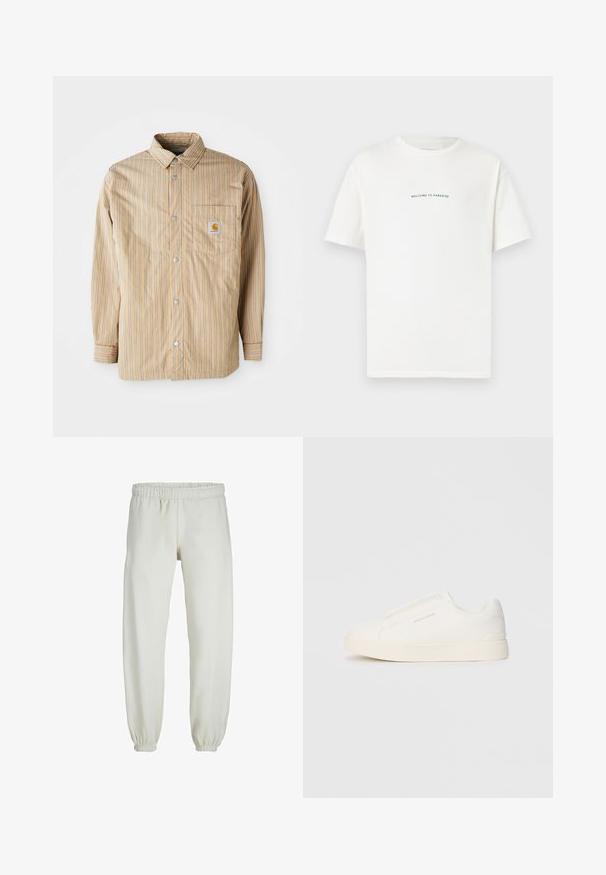 Camicetta a righe beige con linee blu, con bottoni frontali, colletto classico, taschino sul petto con logo, maniche lunghe e texture liscia.; T-shirt bianco in cotone con maniche corte e colletto a girocollo. Il testo centrato recita "BENVENUTO IN PARADISO" in un font verde curvo.; Pantaloni tuta bianchi realizzati in tessuto morbido, dotati di vita e polsini elastici, con una texture liscia e una vestibilità ampia.; Sneakers bianchi slip-on con superficie texturizzata, suola spessa e design minimalista. Presentano il logo del marchio sul lato.